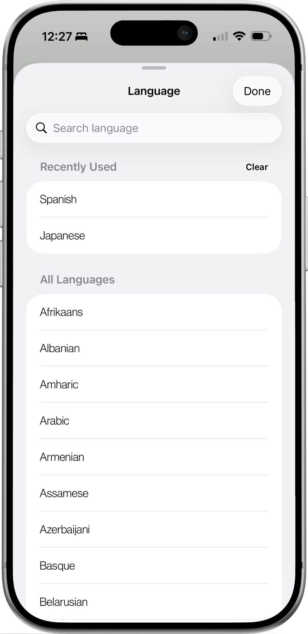 Tongues language selection screen