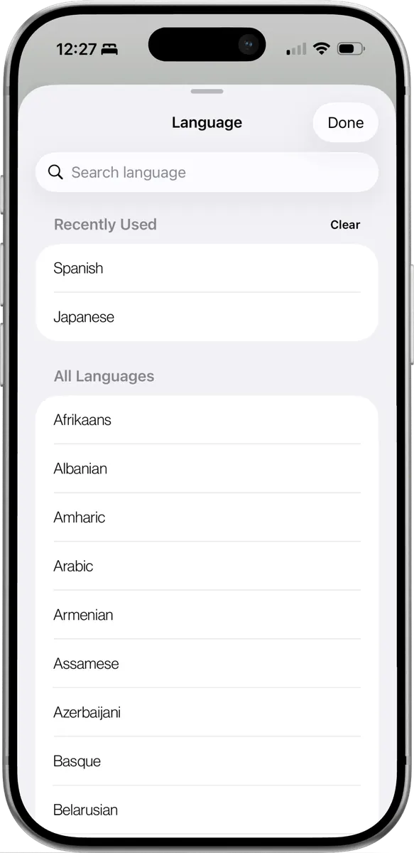 TONGUES language selection screen